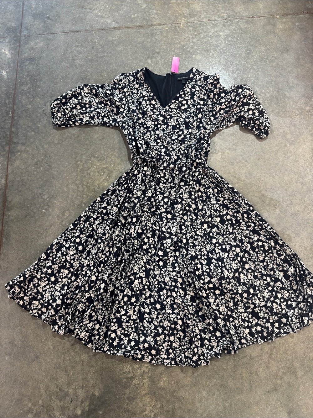 Lane Bryant Size 18 Floral Wrap Style Midi Dress Black White Puff Sleeve